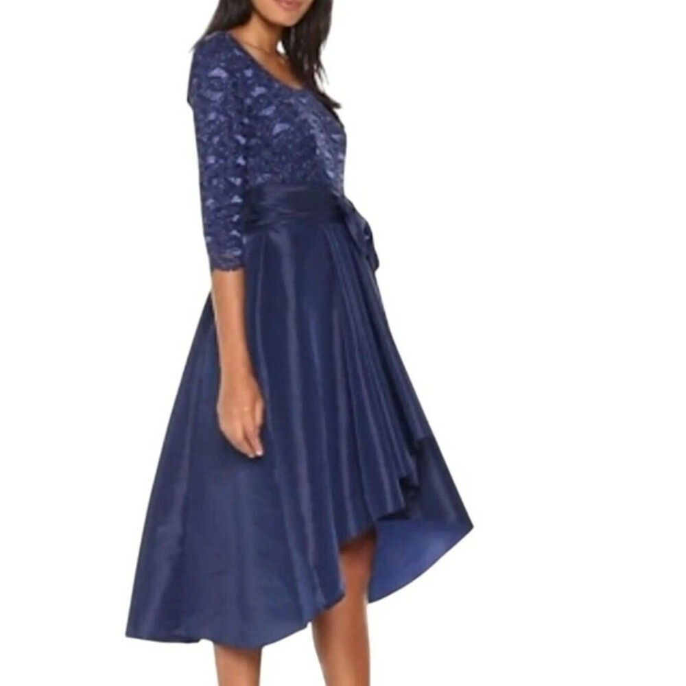 R&M Richards blue sequins top high low bow tie waist mother of the formal dress